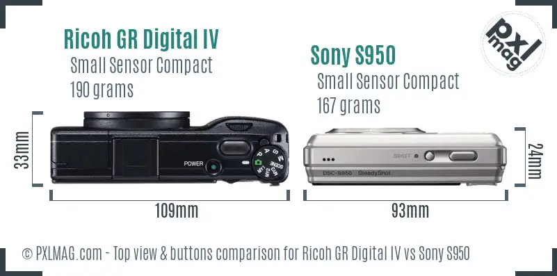 Ricoh GR Digital IV vs Sony S950 top view buttons comparison