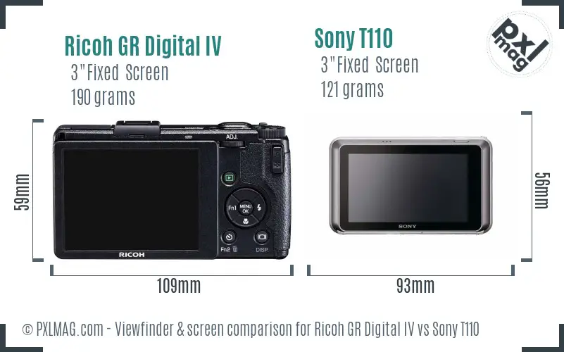 Ricoh GR Digital IV vs Sony T110 Screen and Viewfinder comparison