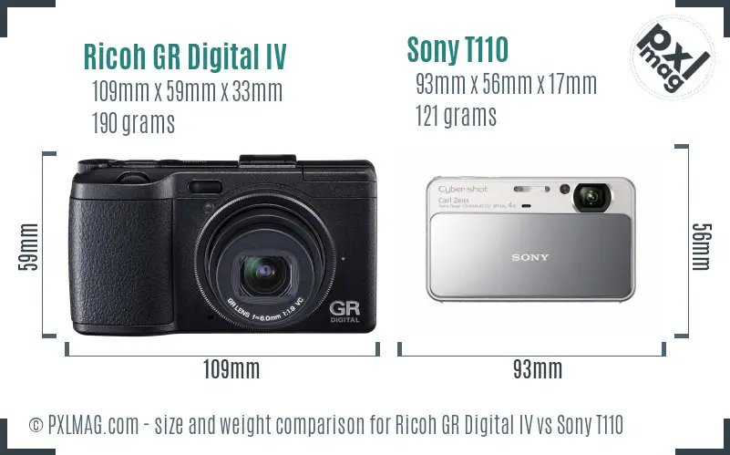 Ricoh GR Digital IV vs Sony T110 size comparison