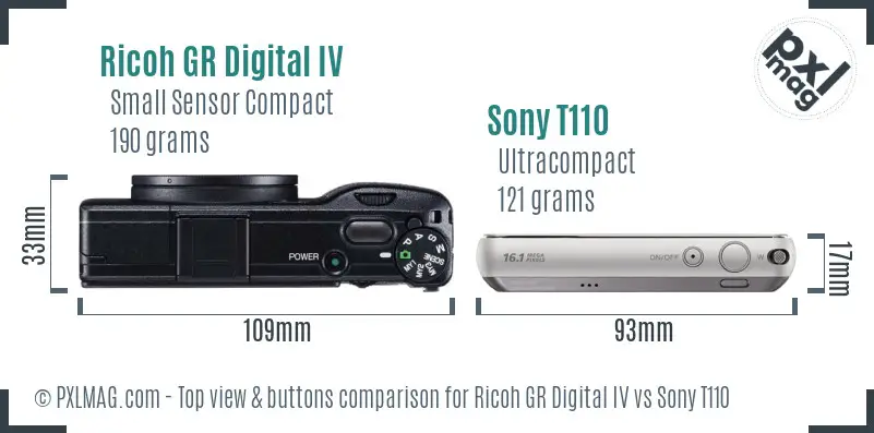 Ricoh GR Digital IV vs Sony T110 top view buttons comparison
