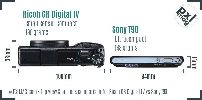 Ricoh GR Digital IV vs Sony T90 top view buttons comparison