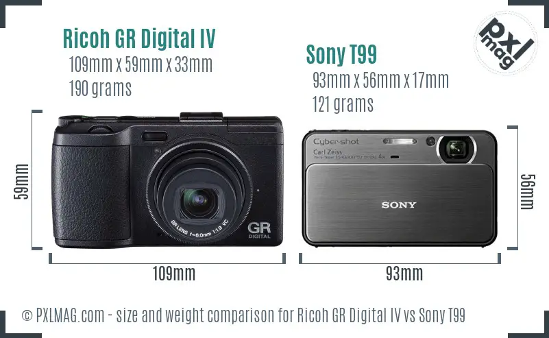 Ricoh GR Digital IV vs Sony T99 size comparison