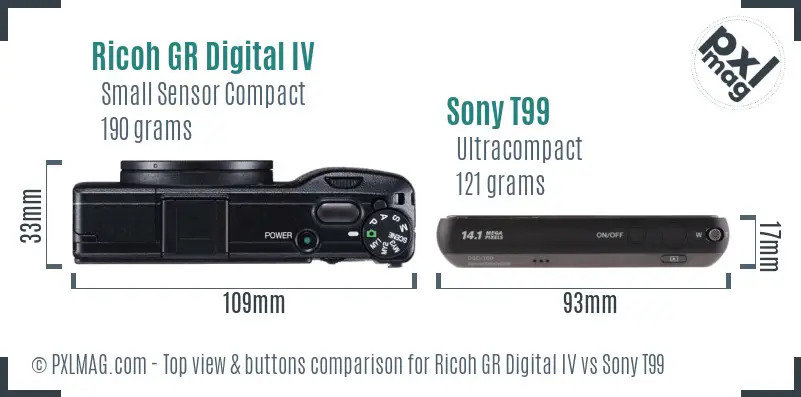 Ricoh GR Digital IV vs Sony T99 top view buttons comparison