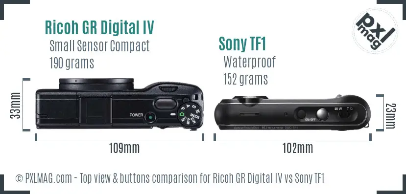 Ricoh GR Digital IV vs Sony TF1 top view buttons comparison