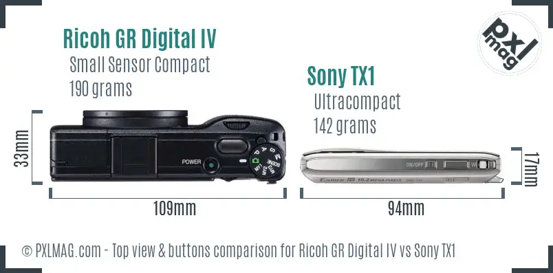 Ricoh GR Digital IV vs Sony TX1 top view buttons comparison