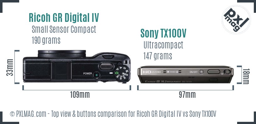 Ricoh GR Digital IV vs Sony TX100V top view buttons comparison