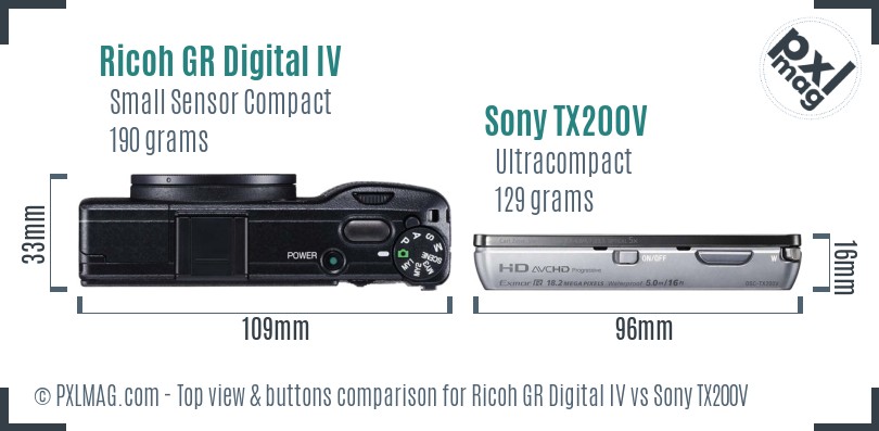 Ricoh GR Digital IV vs Sony TX200V top view buttons comparison