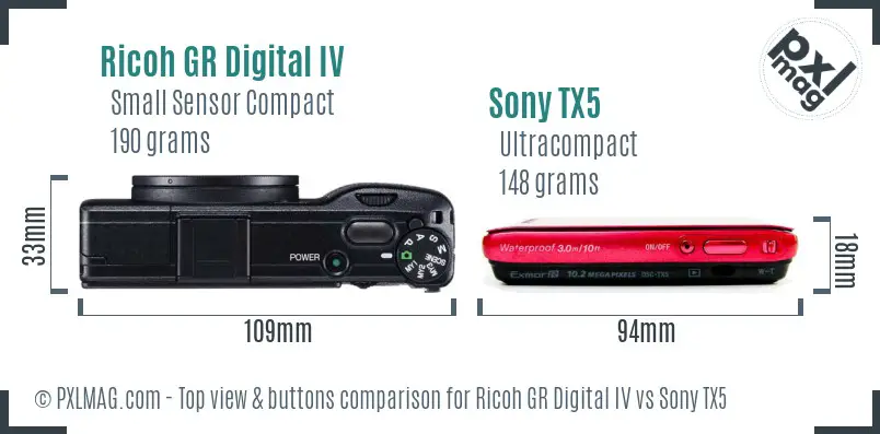 Ricoh GR Digital IV vs Sony TX5 top view buttons comparison