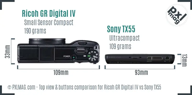Ricoh GR Digital IV vs Sony TX55 top view buttons comparison