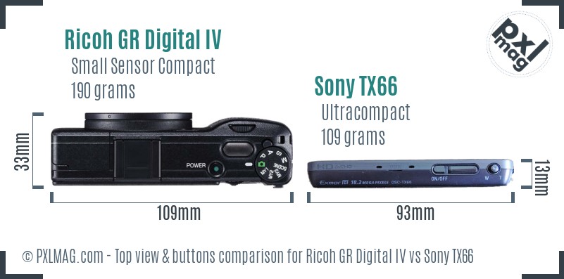 Ricoh GR Digital IV vs Sony TX66 top view buttons comparison