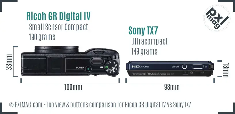 Ricoh GR Digital IV vs Sony TX7 top view buttons comparison