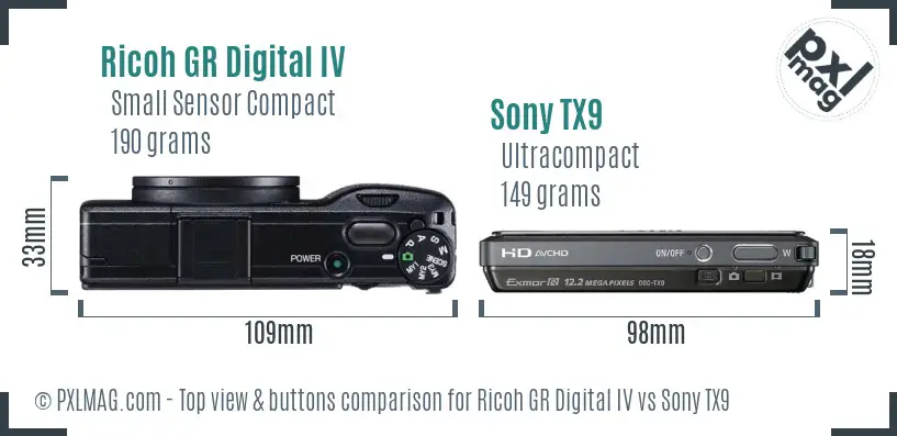 Ricoh GR Digital IV vs Sony TX9 top view buttons comparison