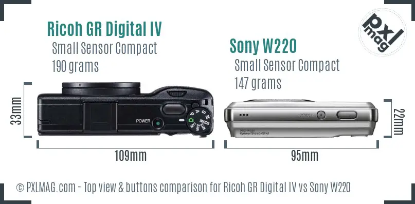 Ricoh GR Digital IV vs Sony W220 top view buttons comparison