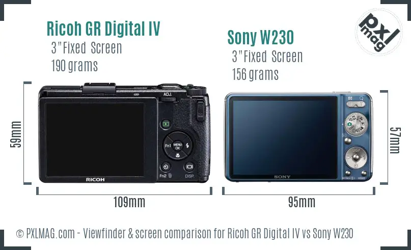 Ricoh GR Digital IV vs Sony W230 Screen and Viewfinder comparison
