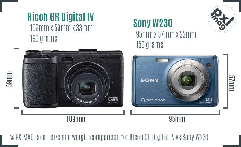 Ricoh GR Digital IV vs Sony W230 size comparison