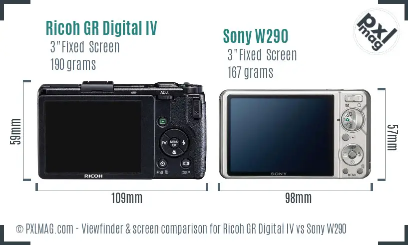 Ricoh GR Digital IV vs Sony W290 Screen and Viewfinder comparison