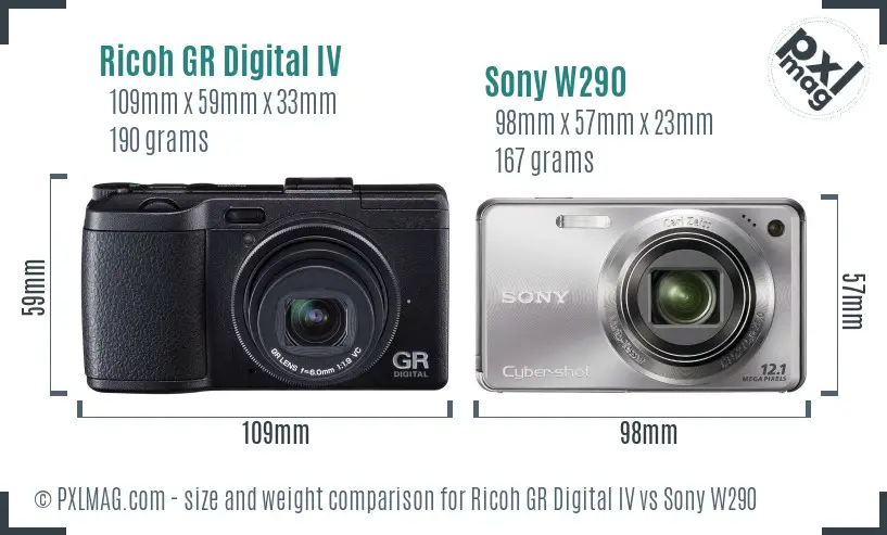 Ricoh GR Digital IV vs Sony W290 size comparison