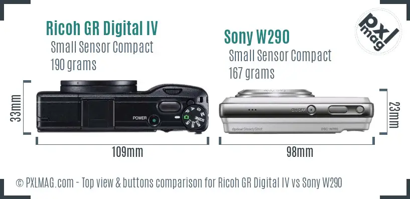Ricoh GR Digital IV vs Sony W290 top view buttons comparison