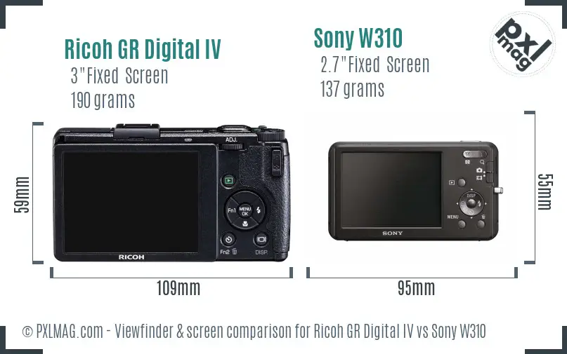 Ricoh GR Digital IV vs Sony W310 Screen and Viewfinder comparison