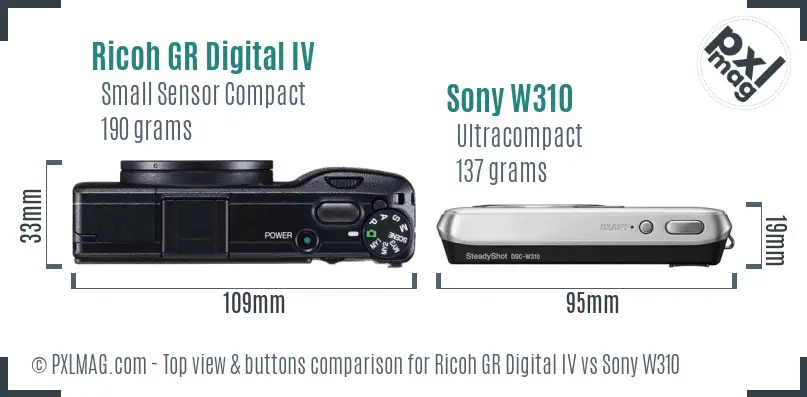 Ricoh GR Digital IV vs Sony W310 top view buttons comparison