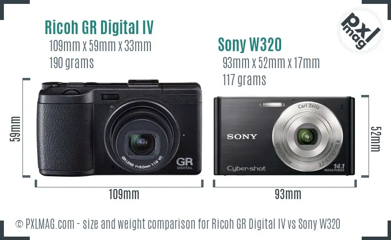 Ricoh GR Digital IV vs Sony W320 size comparison