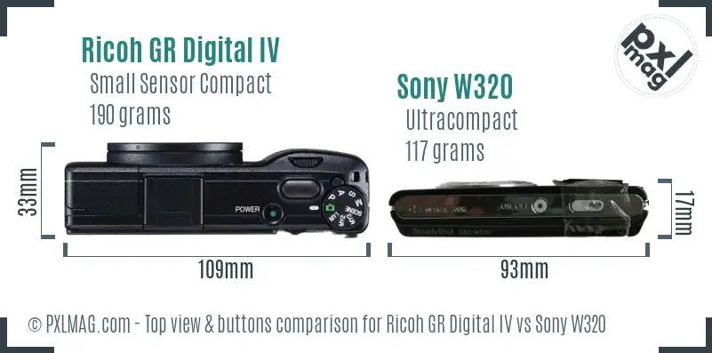 Ricoh GR Digital IV vs Sony W320 top view buttons comparison