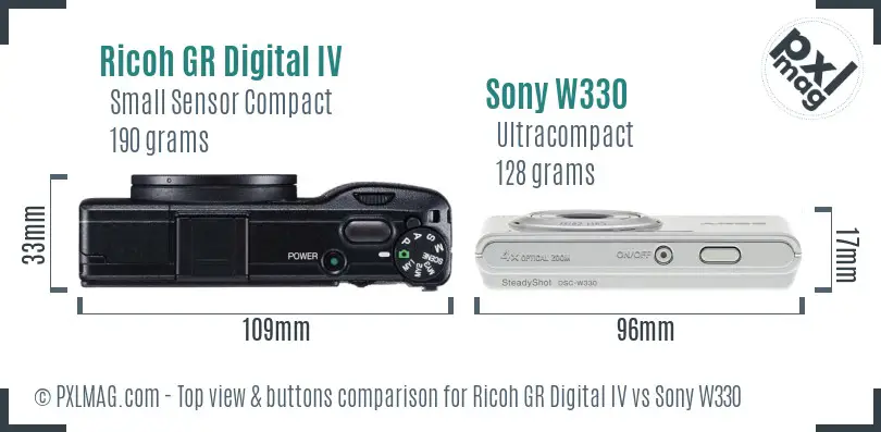 Ricoh GR Digital IV vs Sony W330 top view buttons comparison
