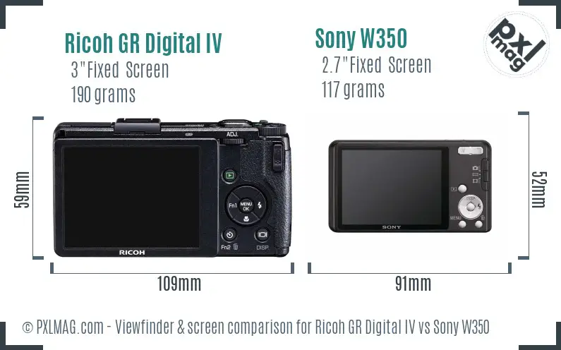 Ricoh GR Digital IV vs Sony W350 Screen and Viewfinder comparison