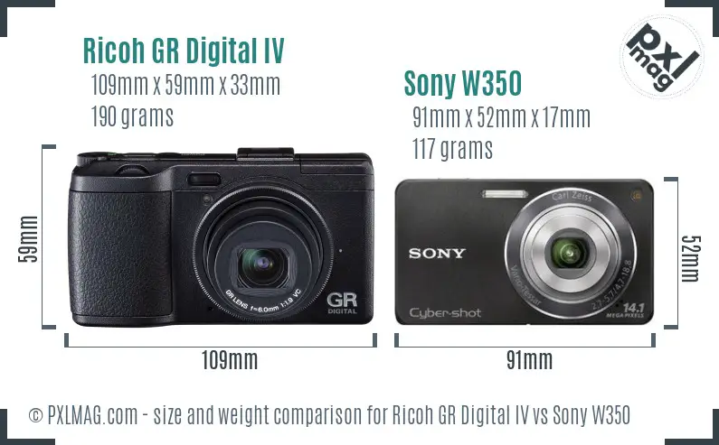 Ricoh GR Digital IV vs Sony W350 size comparison