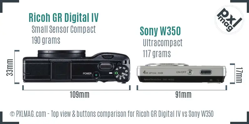 Ricoh GR Digital IV vs Sony W350 top view buttons comparison