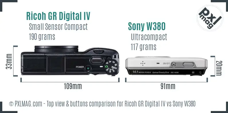 Ricoh GR Digital IV vs Sony W380 top view buttons comparison