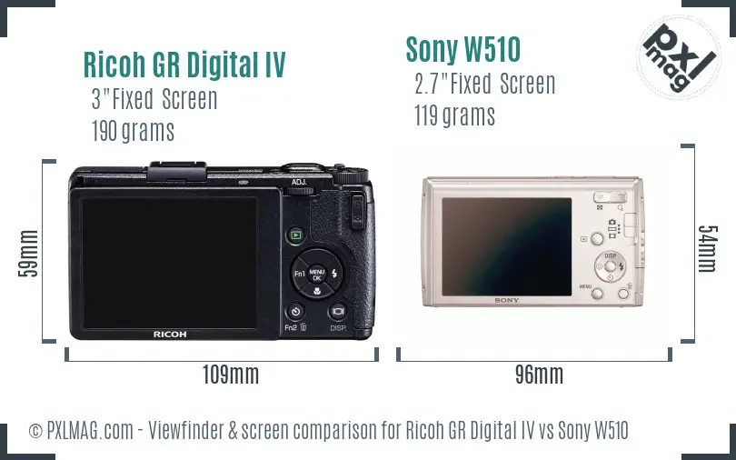 Ricoh GR Digital IV vs Sony W510 Screen and Viewfinder comparison