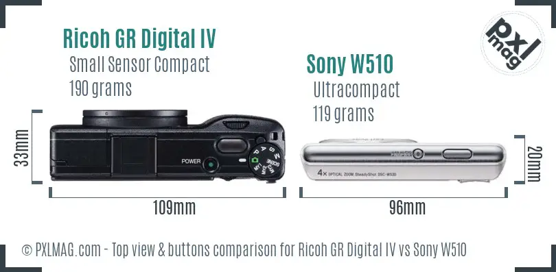 Ricoh GR Digital IV vs Sony W510 top view buttons comparison