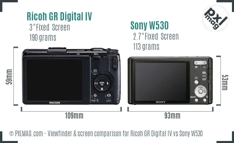 Ricoh GR Digital IV vs Sony W530 Screen and Viewfinder comparison