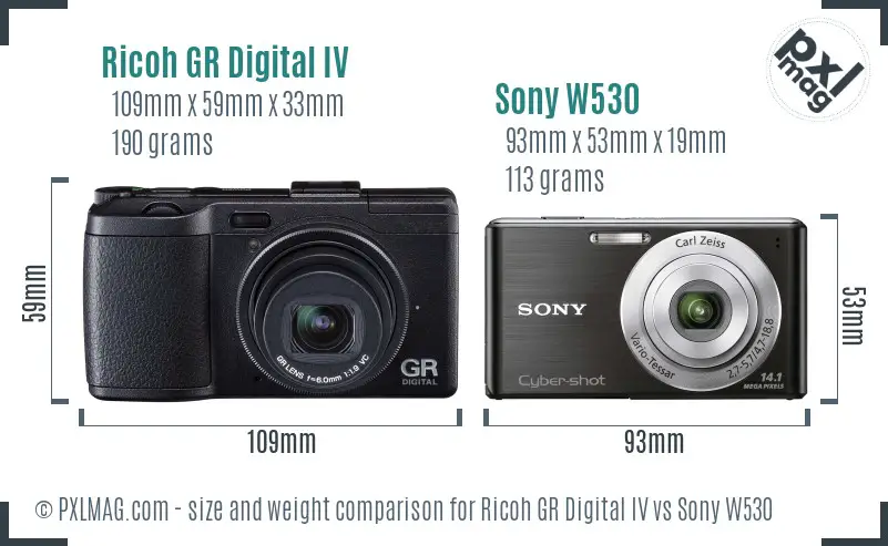 Ricoh GR Digital IV vs Sony W530 size comparison