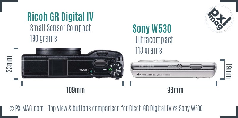 Ricoh GR Digital IV vs Sony W530 top view buttons comparison