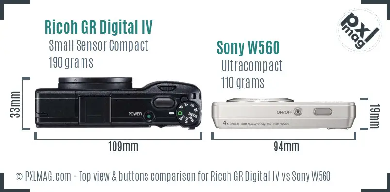 Ricoh GR Digital IV vs Sony W560 top view buttons comparison