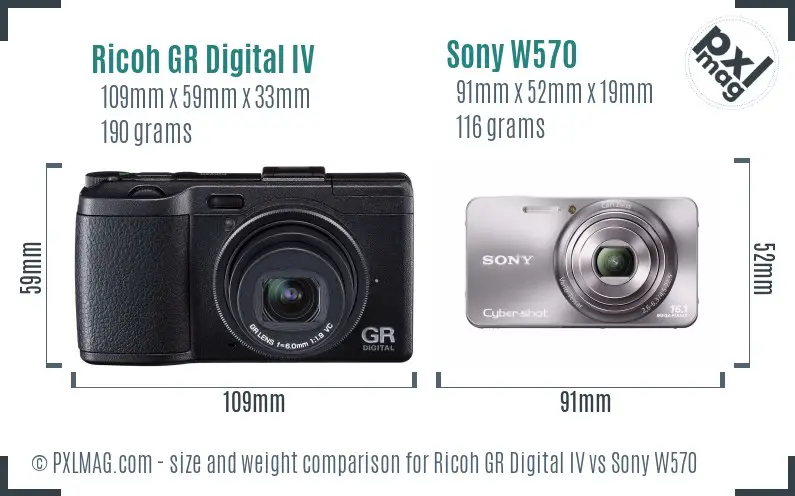 Ricoh GR Digital IV vs Sony W570 size comparison