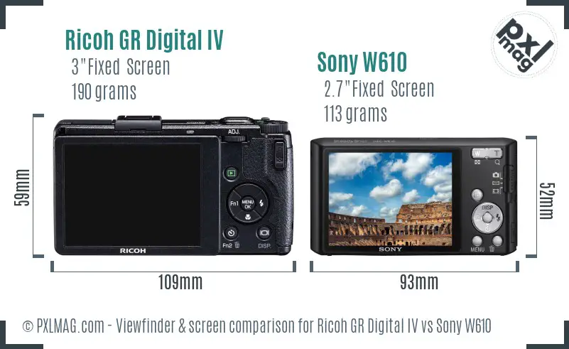 Ricoh GR Digital IV vs Sony W610 Screen and Viewfinder comparison