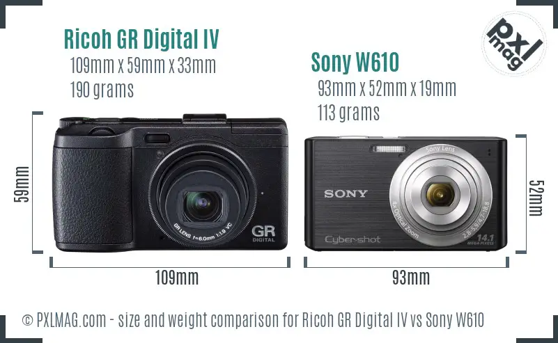 Ricoh GR Digital IV vs Sony W610 size comparison