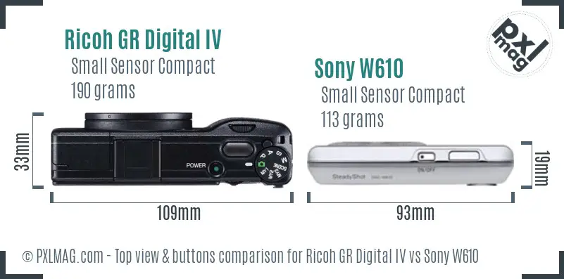 Ricoh GR Digital IV vs Sony W610 top view buttons comparison