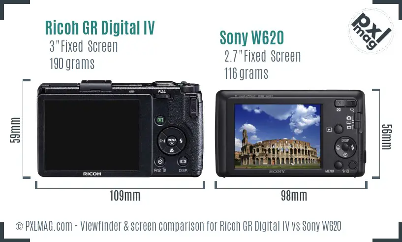 Ricoh GR Digital IV vs Sony W620 Screen and Viewfinder comparison