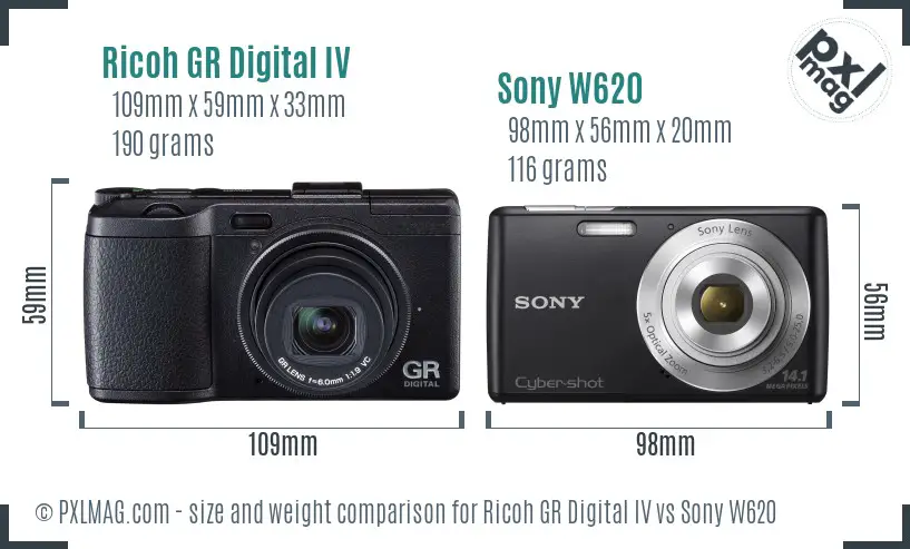 Ricoh GR Digital IV vs Sony W620 size comparison
