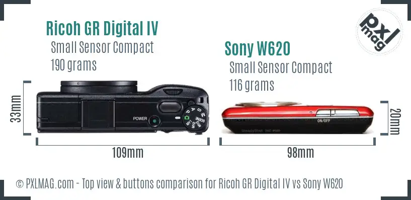 Ricoh GR Digital IV vs Sony W620 top view buttons comparison