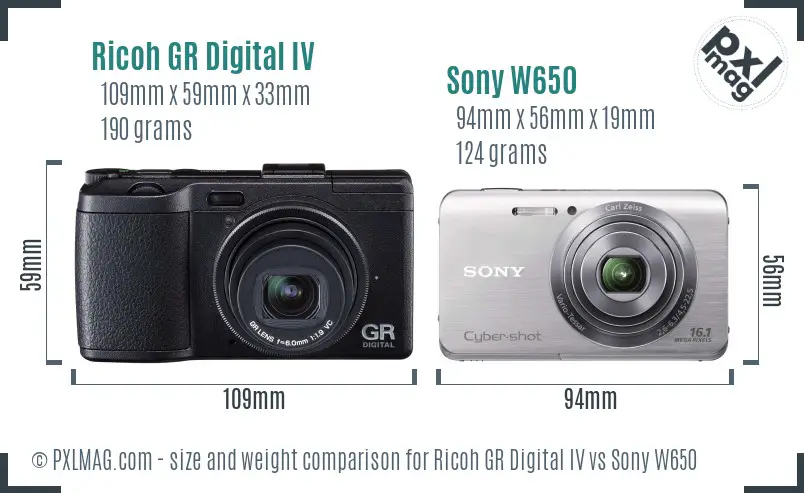 Ricoh GR Digital IV vs Sony W650 size comparison