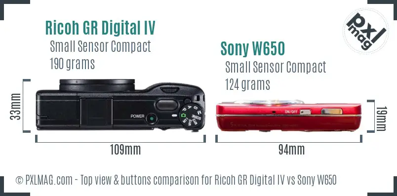 Ricoh GR Digital IV vs Sony W650 top view buttons comparison
