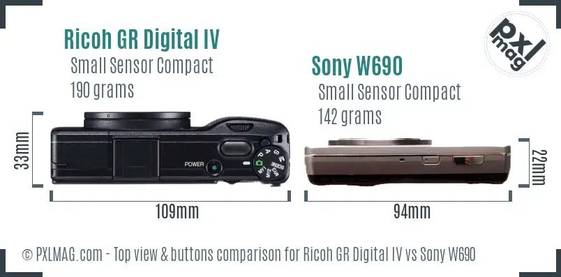 Ricoh GR Digital IV vs Sony W690 top view buttons comparison
