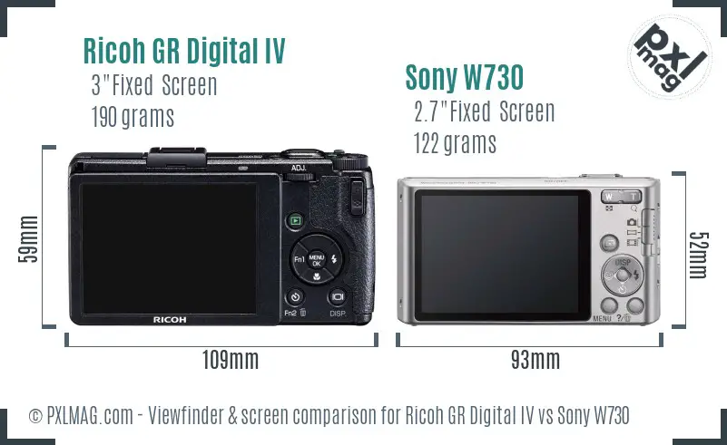 Ricoh GR Digital IV vs Sony W730 Screen and Viewfinder comparison