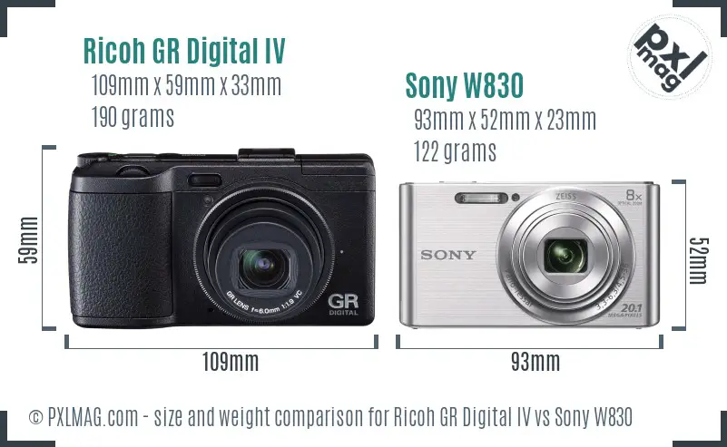 Ricoh GR Digital IV vs Sony W830 size comparison