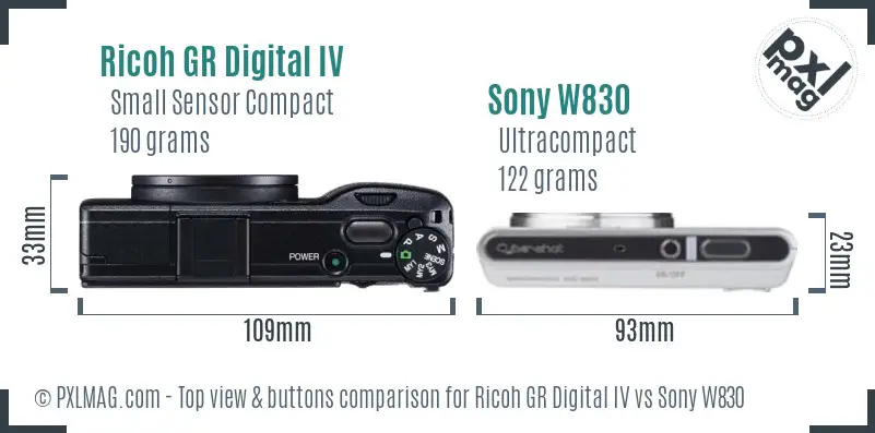 Ricoh GR Digital IV vs Sony W830 top view buttons comparison
